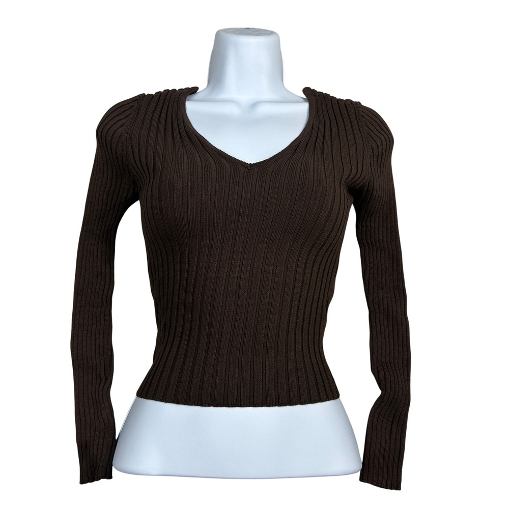 Fashion Nova Sweater Womens M Chocolate Brown Ribbed V Neck Slim Fit